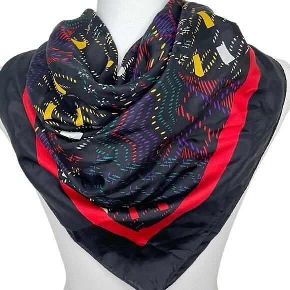 Vintage 80s Christian Dior 100% Silk Black Red Abstract Plaid 30" Square Scarf - Picture 10 of 10